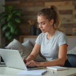 Femme concentrée vérifiant sa facture BasicFit à domicile
