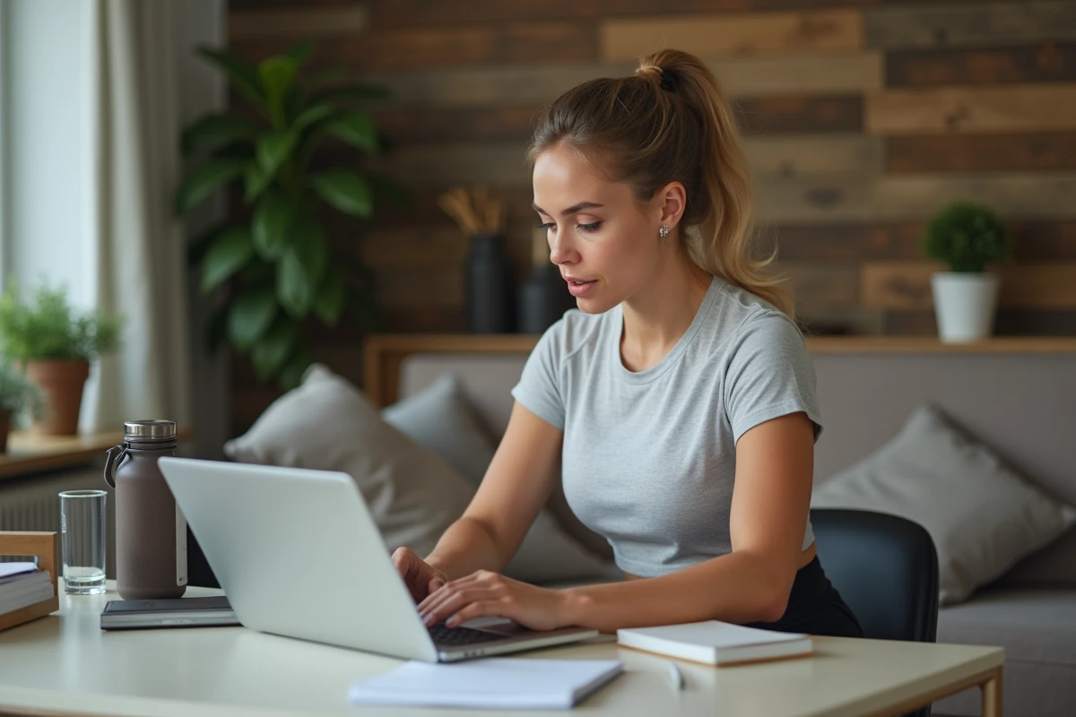 Femme concentrée vérifiant sa facture BasicFit à domicile