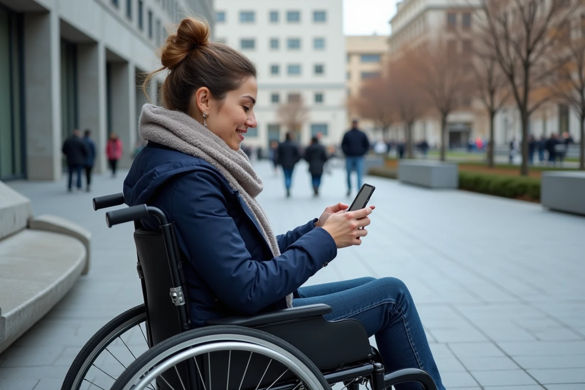 Jeune femme en fauteuil vérifiant son smartphone dans un espace urbain