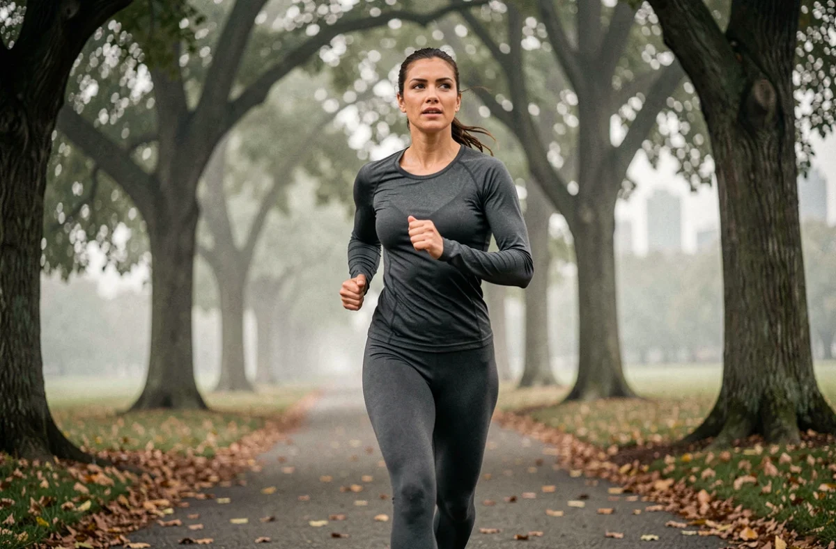 Femme qui fait du jogging dans un parc urbain pour améliorer sa santé quotidienne