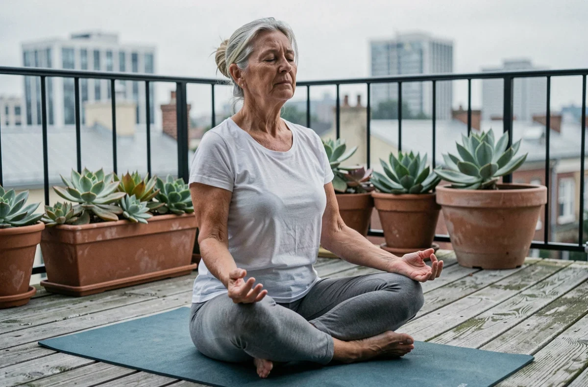 Femme en méditation sur un balcon urbain pratiquant le yoga pour réduire le stress et améliorer son bien-être
