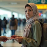 Jeune femme à l'aéroport marocain avec passeport