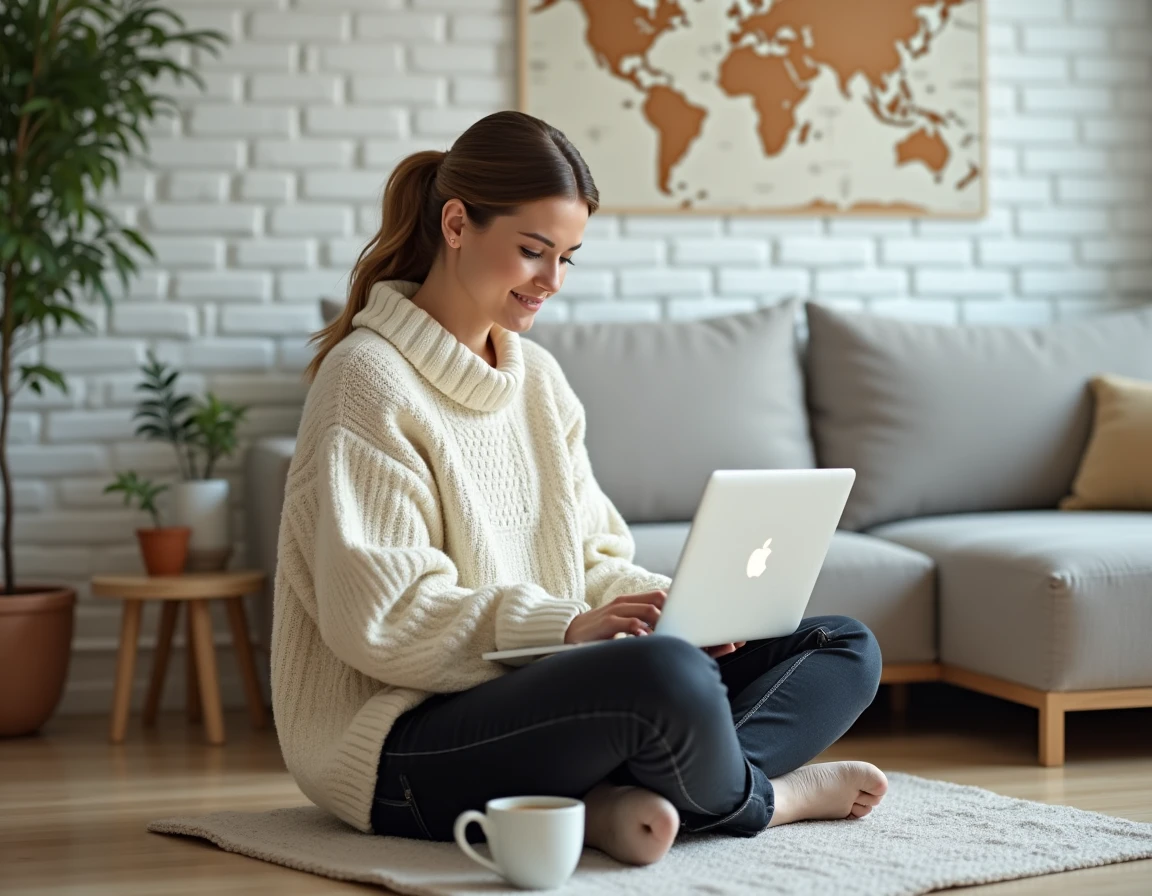 Femme naviguant sur une plateforme d'échange de maison depuis son salon scandinave, recherchant des destinations de voyage économiques