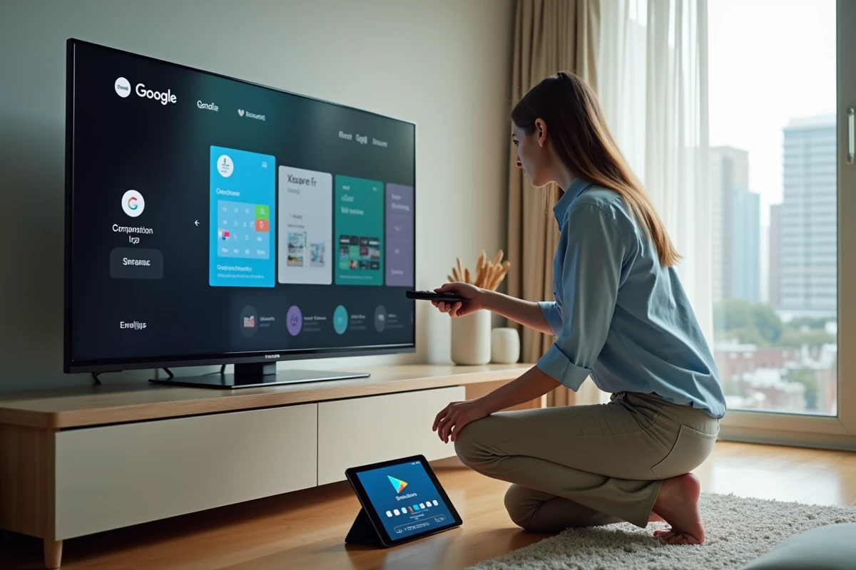 Jeune femme configurant une TV connectée dans un appartement lumineux