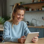 Femme souriante utilisant une tablette dans une cuisine moderne