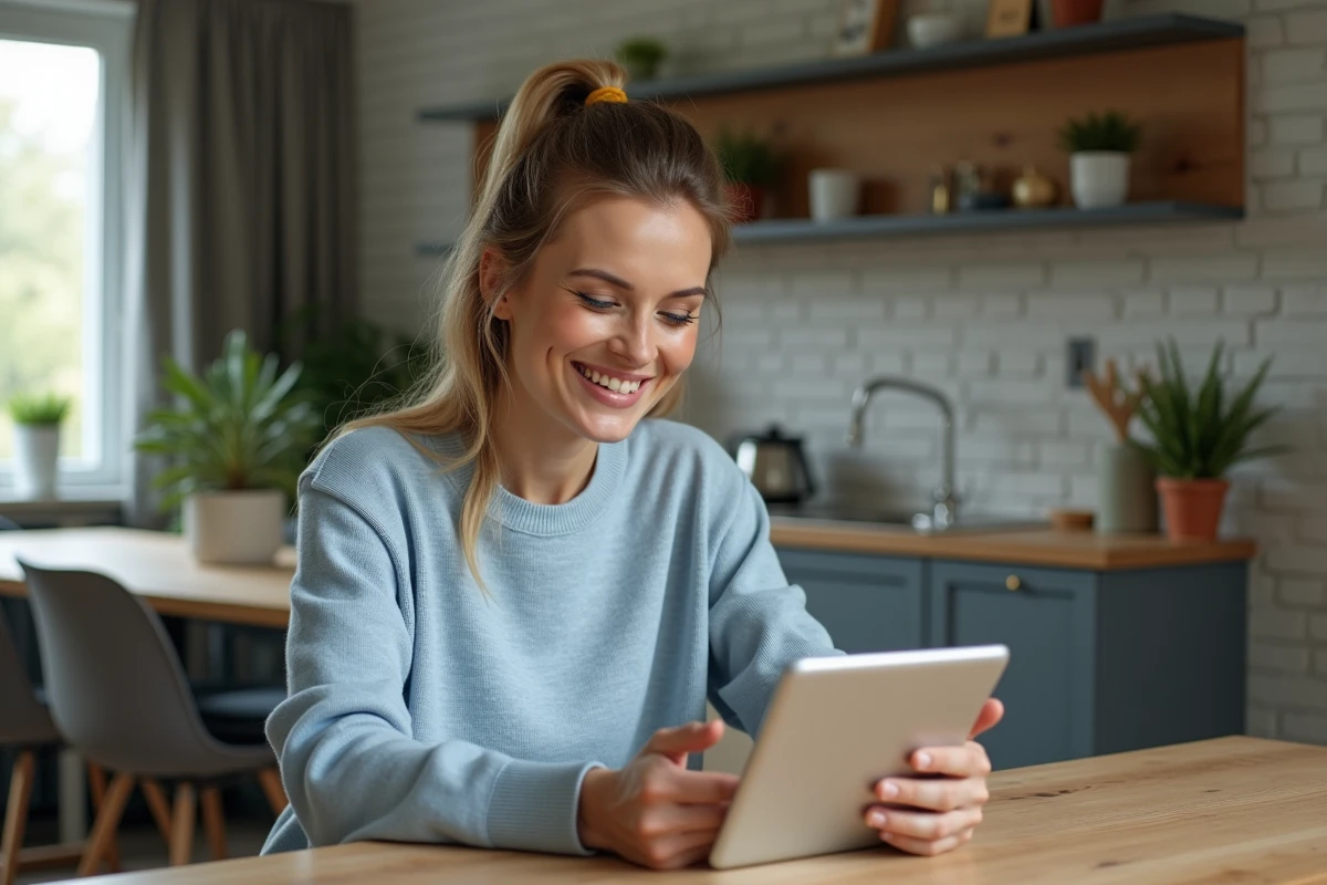 Femme souriante utilisant une tablette dans une cuisine moderne
