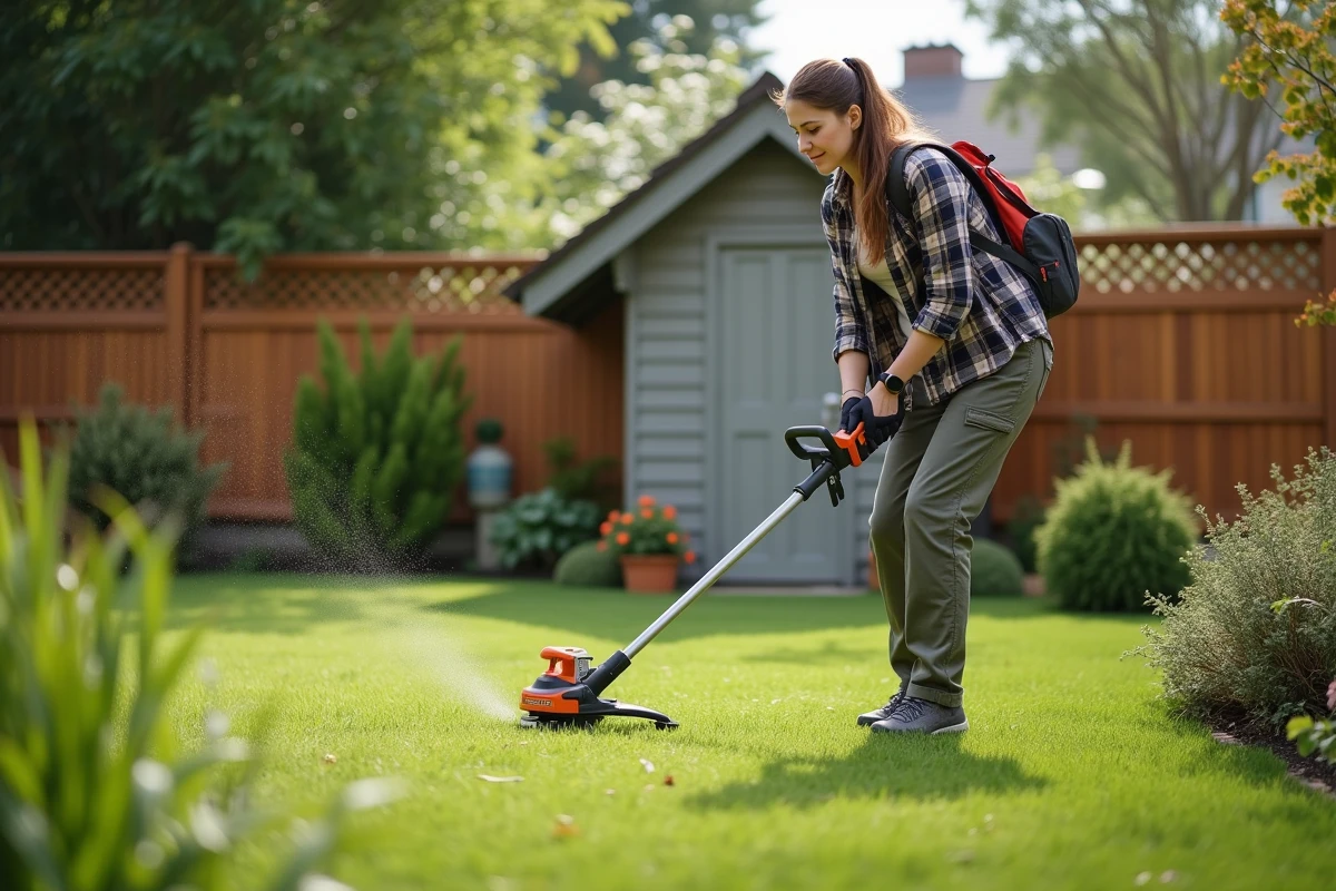 Jeune femme utilisant une tondeuse sans fil dans le jardin