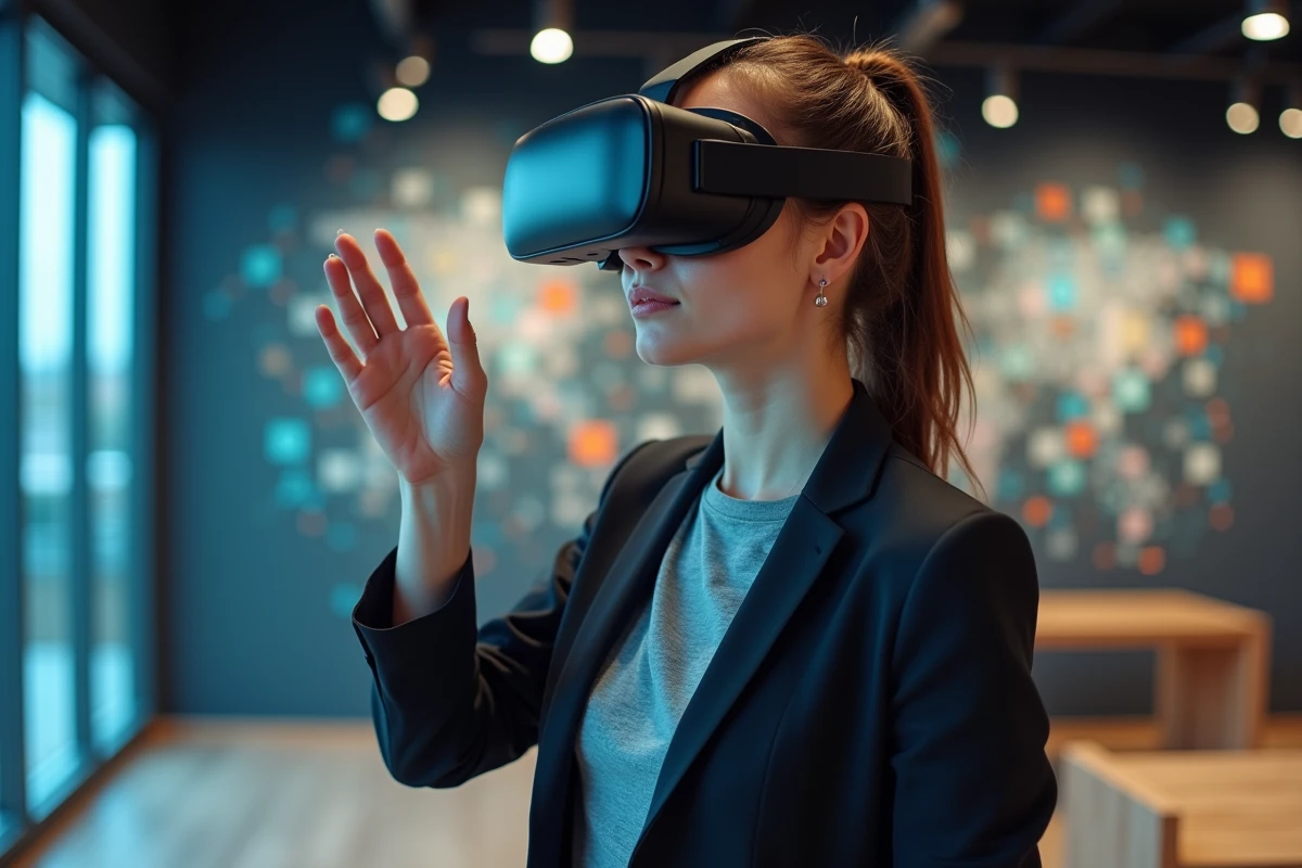 Jeune femme testant un casque de réalité virtuelle dans un magasin hightech