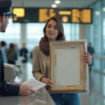 Jeune femme à l'aéroport tenant un tableau emballé