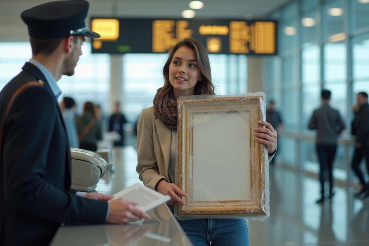 Jeune femme à l'aéroport tenant un tableau emballé
