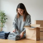 Femme triant des vêtements de seconde main dans un appartement scandinave pour les revendre sur une plateforme de vente en ligne comme Sellpy