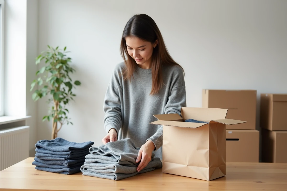 Femme triant des vêtements de seconde main dans un appartement scandinave pour les revendre sur une plateforme de vente en ligne comme Sellpy