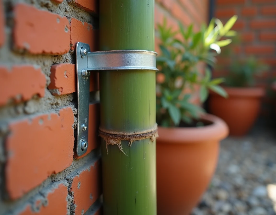 Gros plan d'une fixation métallique en U boulonnée sur un mur en briques rouges maintenant un bambou en place