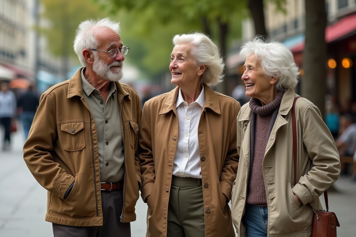 Trois nonagenaires discutant dans une rue parisienne