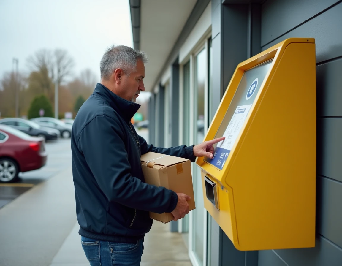 Homme utilisant une consigne automatique Mondial Relay en extérieur pour envoyer un colis