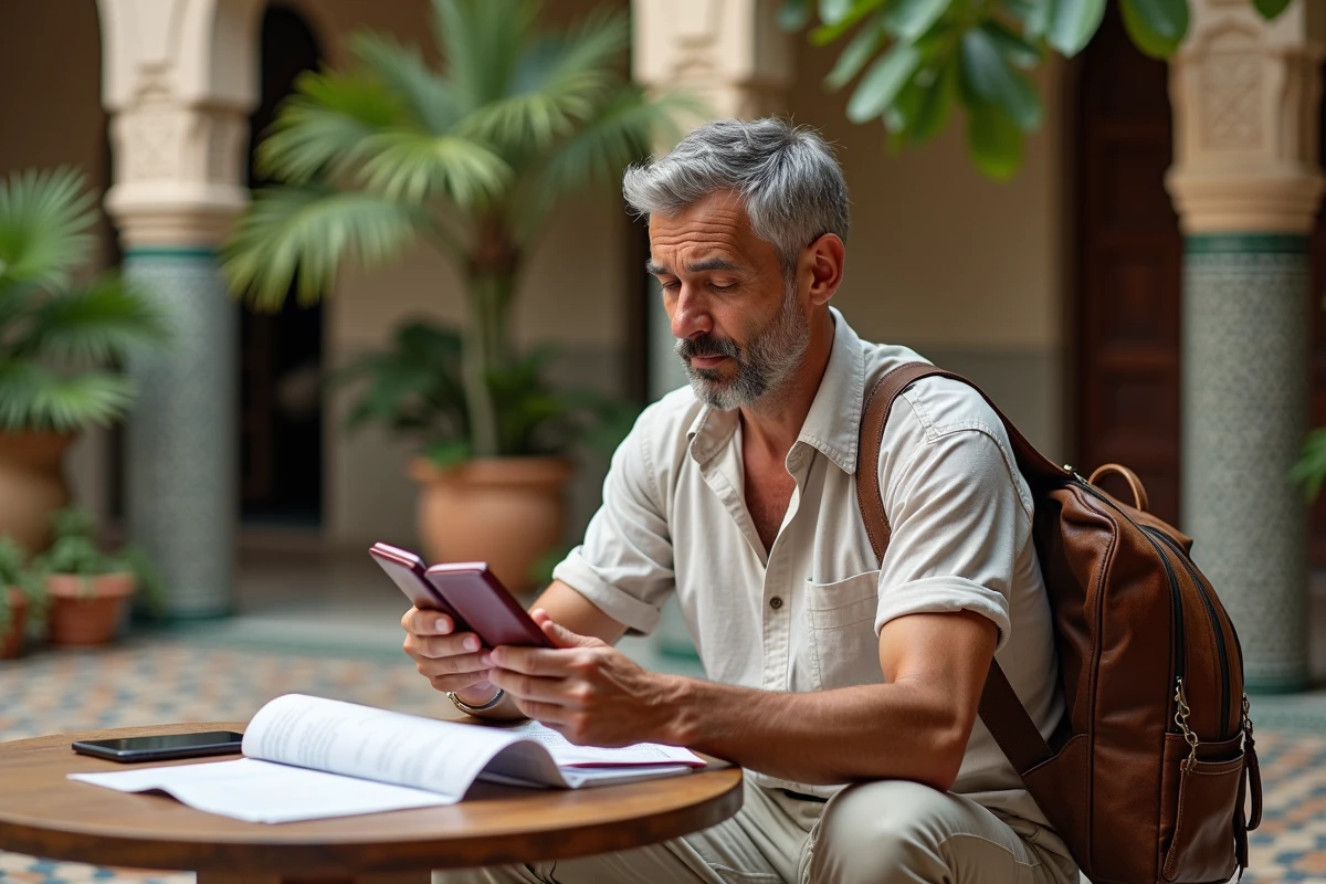 Homme dans une cour de riad marocain avec documents