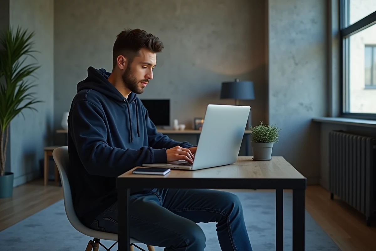 Homme évaluant la fiabilité d'un site de revente de vêtements comme Sellpy sur son ordinateur portable dans un bureau minimaliste
