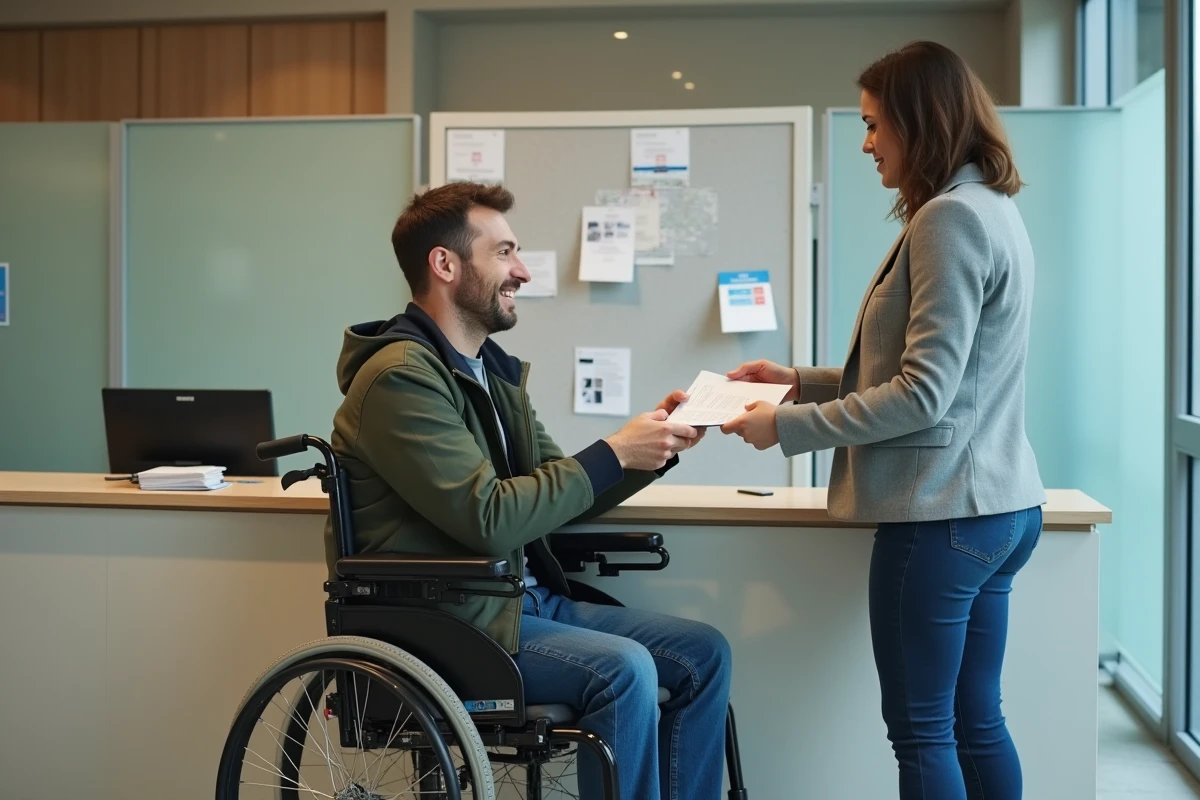 Homme en fauteuil roulant déposant un dossier AAH auprès d'un agent administratif