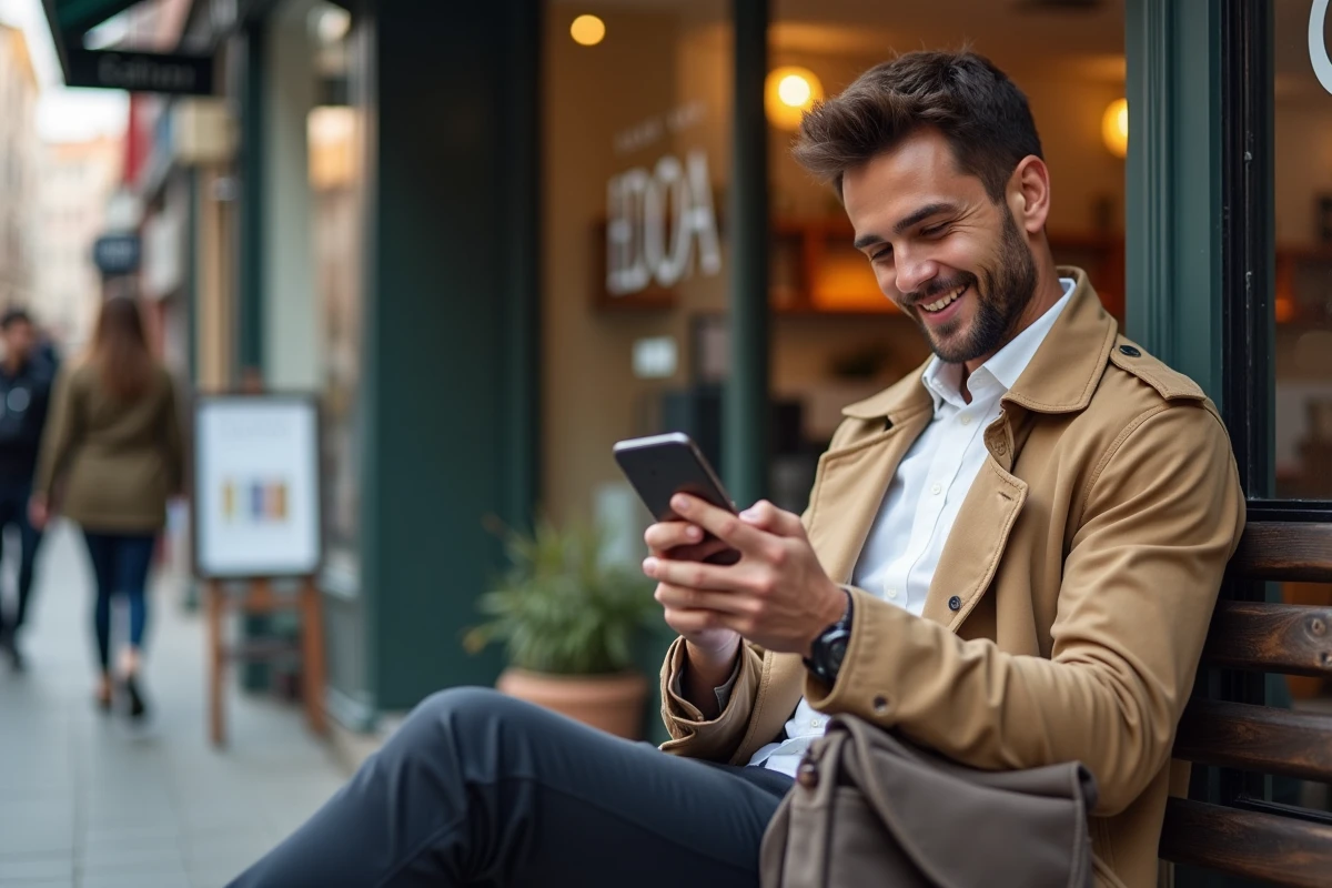 Jeune homme relaxant avec smartphone devant un salon urbain