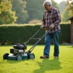 Homme d'âge moyen poussant une tondeuse manuelle dans le jardin