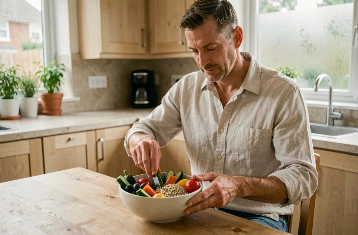 Homme préparant un repas sain et équilibré dans une cuisine moderne pour prendre soin de sa santé
