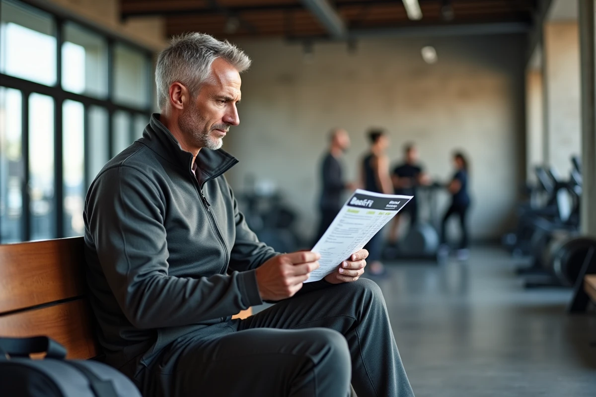 Homme en pause dans un club de fitness regardant une brochure