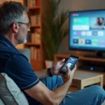 Homme dans la quarantaine utilisant une TV connectée dans un salon moderne