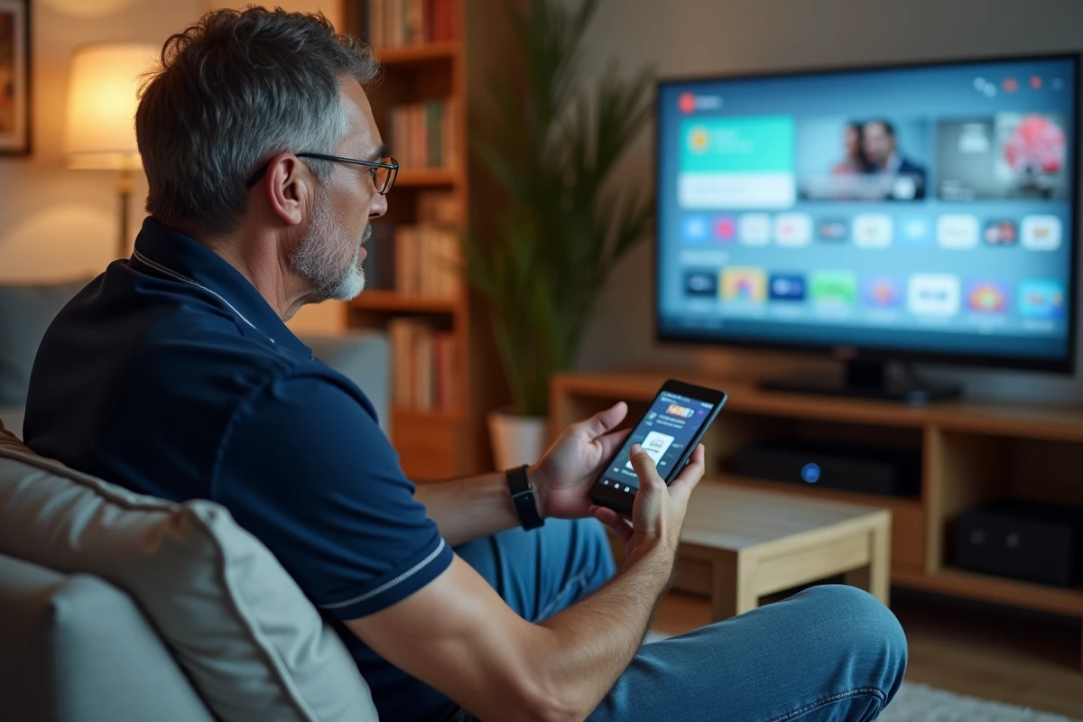 Homme dans la quarantaine utilisant une TV connectée dans un salon moderne