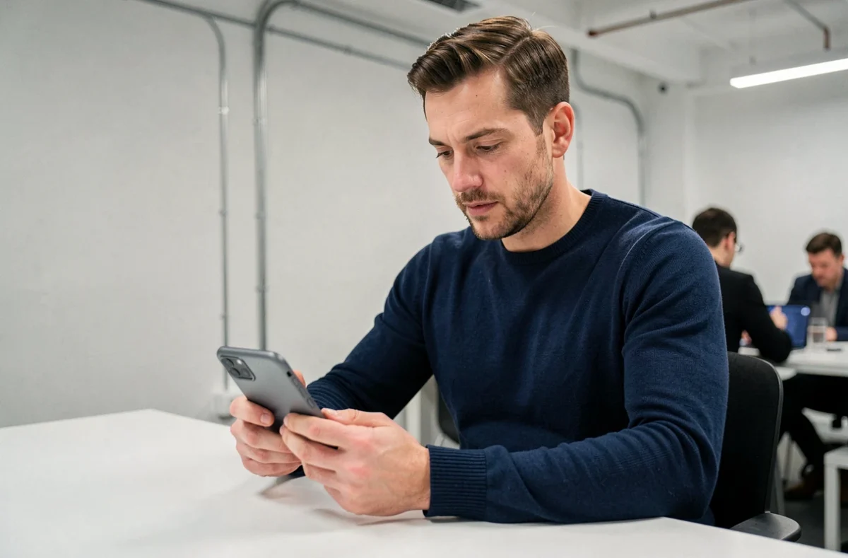 Homme en pull marine examinant un smartphone pliable dans un bureau technologique moderne aux tons neutres