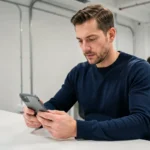 Homme en pull marine examinant un smartphone pliable dans un bureau technologique moderne aux tons neutres