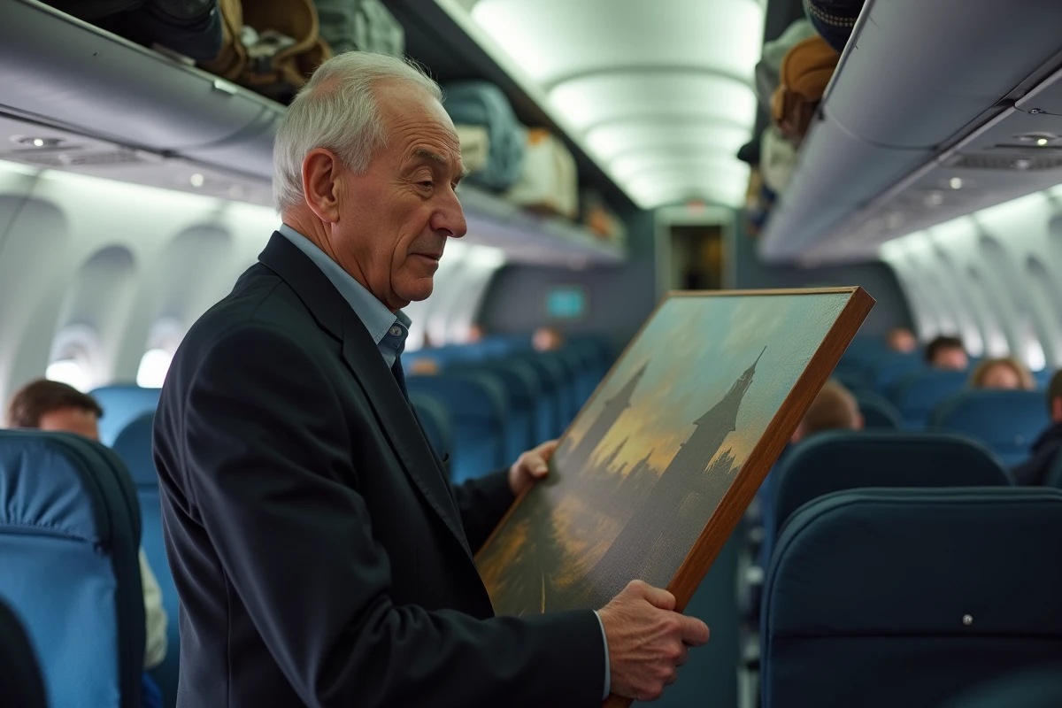 Homme plaçant un tableau dans un compartiment cabine avion