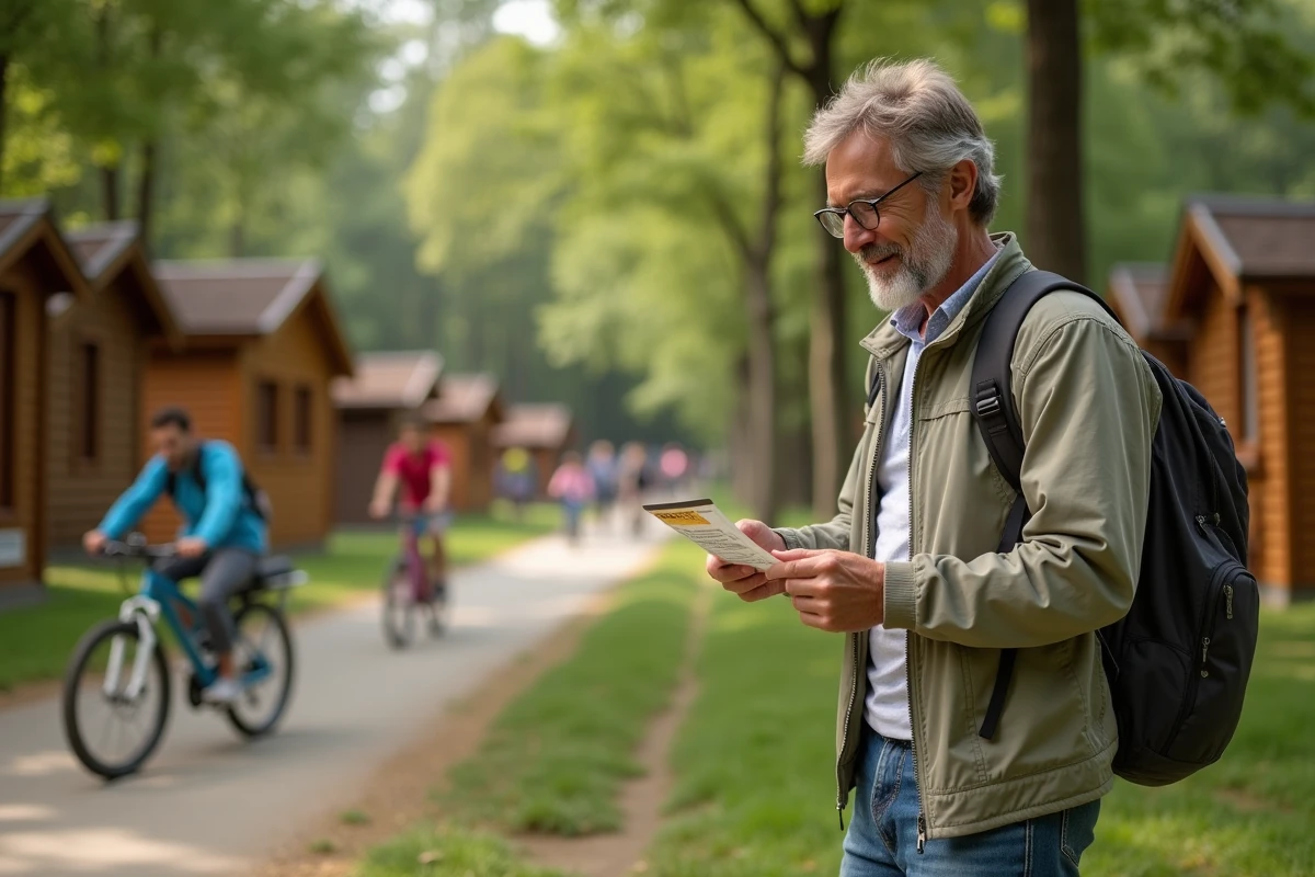 Homme vérifiant un bon de vacances dans un parc forestier