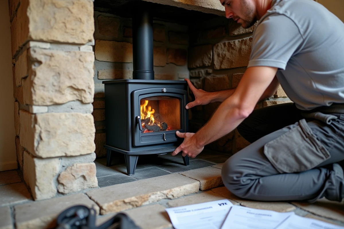 Installateur posant un insert labellisé Flamme Verte 7 étoiles dans l'ouverture d'un cantou en pierre naturelle