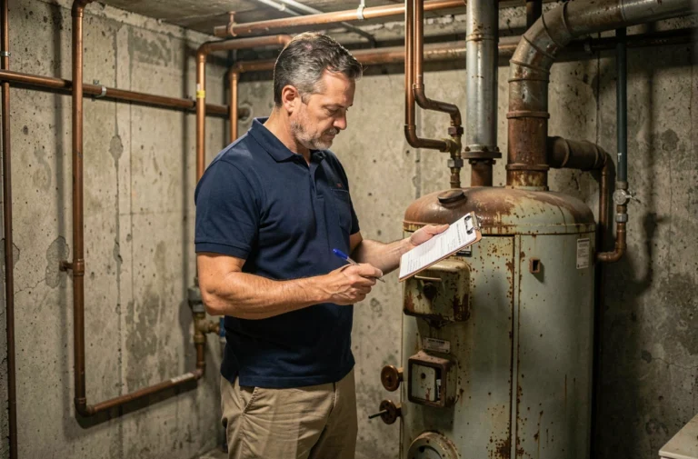 Inspecteur immobilier examinant une vieille chaudière à gaz dans une cave résidentielle lors d'une vérification avant achat