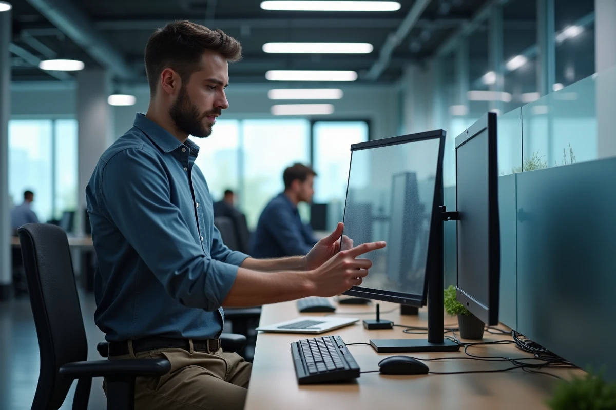 Jeune spécialiste informatique installant un filtre de confidentialité