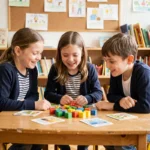 Trois élèves de primaire jouant à un jeu de plateau éducatif en classe, illustrant l'apprentissage par le jeu à l'école