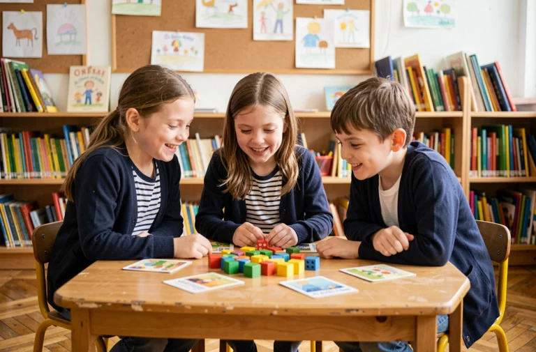 Trois élèves de primaire jouant à un jeu de plateau éducatif en classe, illustrant l'apprentissage par le jeu à l'école