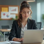 Jeune femme professionnelle travaillant sur un ordinateur dans un bureau lumineux