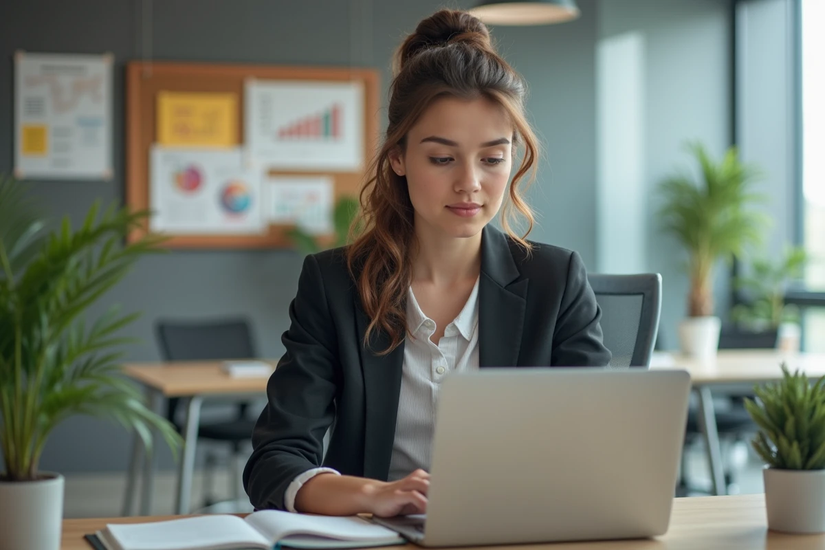 Jeune femme professionnelle travaillant sur un ordinateur dans un bureau lumineux