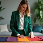 Jeune femme en blazer vert arrangeant des échantillons de tissu