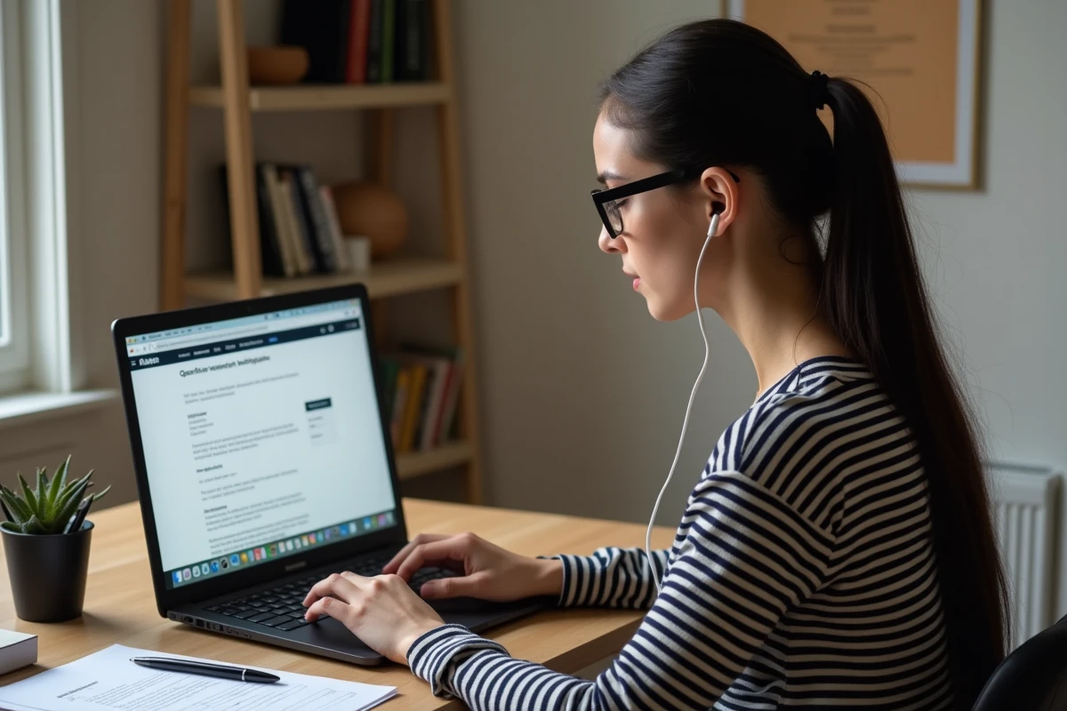 Jeune femme effectuant ses démarches en ligne pour l'AAH sur son ordinateur portable