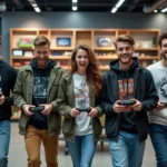 Groupe de jeunes découvrant des gadgets technologiques modernes