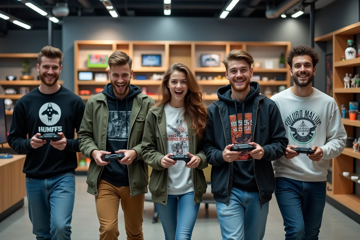 Groupe de jeunes découvrant des gadgets technologiques modernes