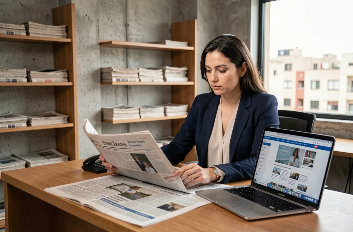 Journaliste analysant la structure éditoriale du site de presse La Gazette de Constantine dans une salle de rédaction moderne