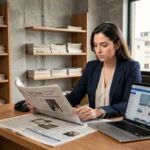 Journaliste analysant la structure éditoriale du site de presse La Gazette de Constantine dans une salle de rédaction moderne