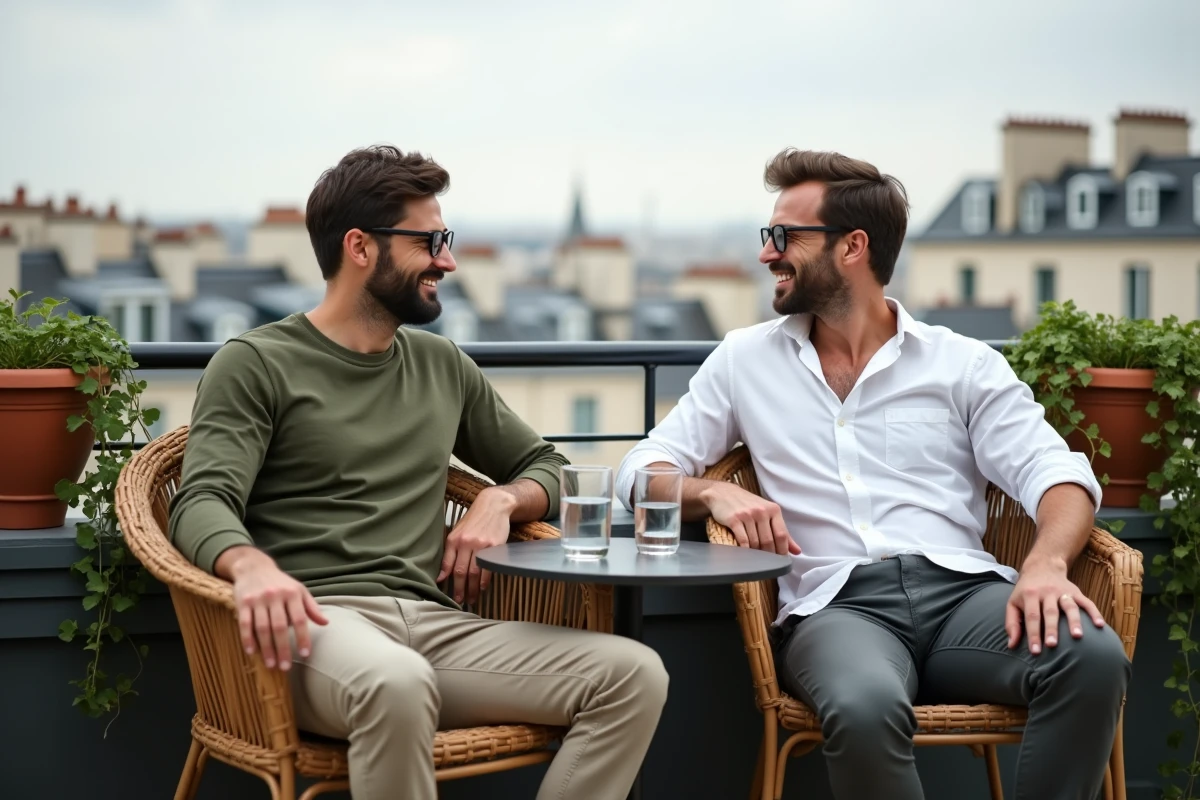 Deux hommes se détendant sur un balcon parisien avec vue sur les toits, portrait intimiste du couple de Jules Torres