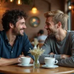 Deux hommes souriants attablés dans un café parisien chaleureux, illustrant la complicité du couple de Jules Torres