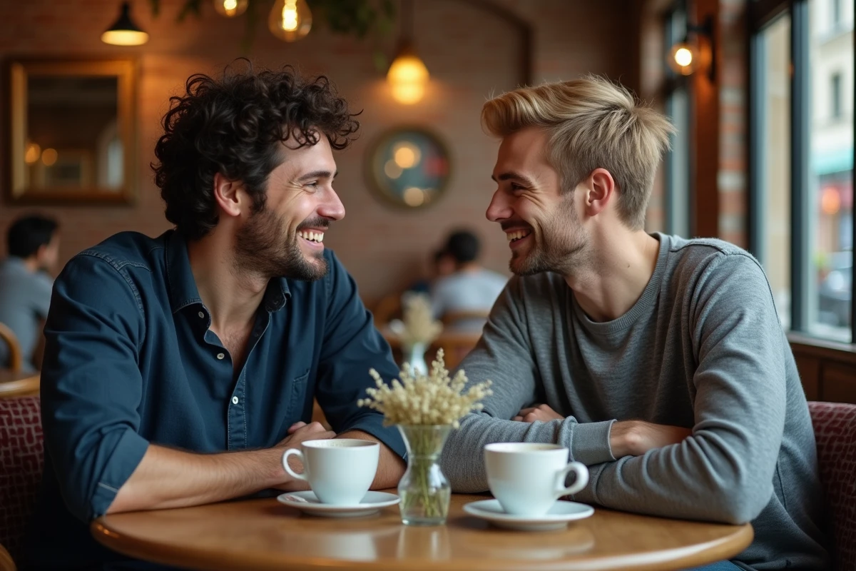 Deux hommes souriants attablés dans un café parisien chaleureux, illustrant la complicité du couple de Jules Torres