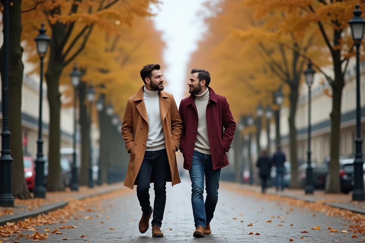 Deux hommes marchant ensemble sur un boulevard parisien en automne, évoquant la relation publique de Jules Torres et son compagnon