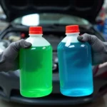 Mécanicien tenant deux bouteilles côte à côte, l'une de liquide de refroidissement vert et l'autre de lave-glace bleu, dans un atelier automobile